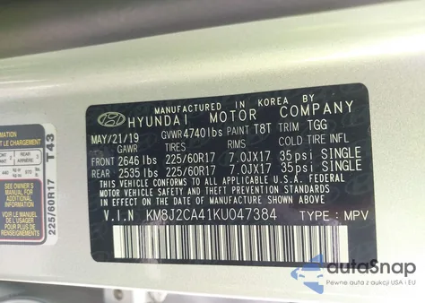 2019 Hyundai Tucson Se z USA, uszkodzony, nr VIN KM8J2CA41KU047384